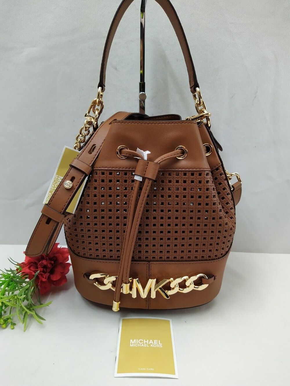 Michael Kors Devon Brown Leather Drawstring Bucket Shoulder Bag - NWT $498